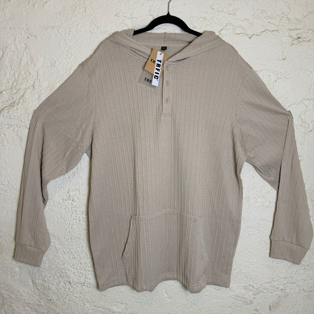 Mens Henley Shirt XXL Beige Cable Knit Hoodie NWT Kangaroo Pocket Gorpcore Cozy